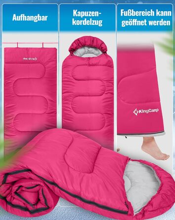 Сплячий мішок KingCamp Oasis для кемпінгу, 3-4 сезони, водовідштовхувальний, легкий, для дітей та дорослих, рожевий, Zip 220×75 см