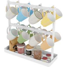 YUMORE Mug Rack with 16 Hooks, Mug Stand, Metal Coffee Cup Holder with Storage Bottom, Coffee Cup Holder, Cup Rack for Kitchen, Dining Room, Cafe Counter, 42 * 15 * 41.5cm (White)