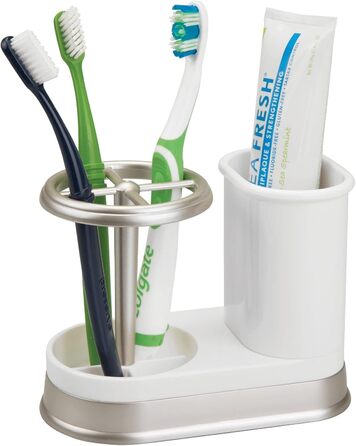 mDesign Toothbrush Holder - high-quality toothbrush holder made of plastic for bathroom sink or vanity cabinet - practical holder for toothbrushes and toothpaste - white and matte silver
