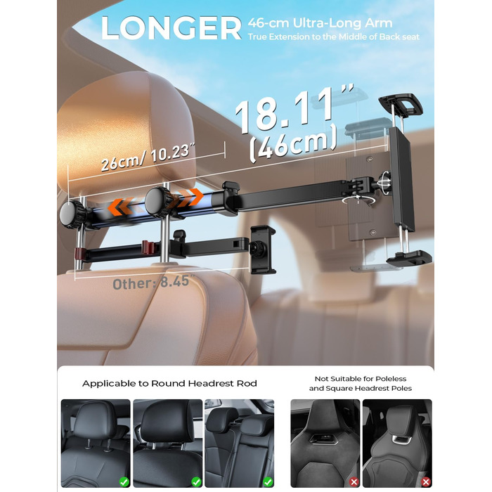 Тримач для планшету TRYONE в авто: кріплення на підголівник, 46 см, 3-в-1, для дітей, сумісний з iPad, Samsung Tab, Switch, телефонами (4.7-13 дюймів)