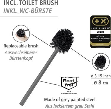 WENKO Stand WC-Garnitur Rivalta, freestanding toilet set with toilet brush, toilet paper and spare roll holder, matt lacquered steel, safety glass splash plate, 18 x 70 x 23 cm, Grey Grey/Black/Black