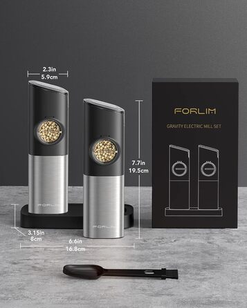 Електричний набір млинків для солі та перцю FORLIM з акумуляторною базою, автоматичні млинки з LED-підсвіткою, регулюванням помолу, нержавіюча сталь, для кухні та барбекю, 2 шт, чорний