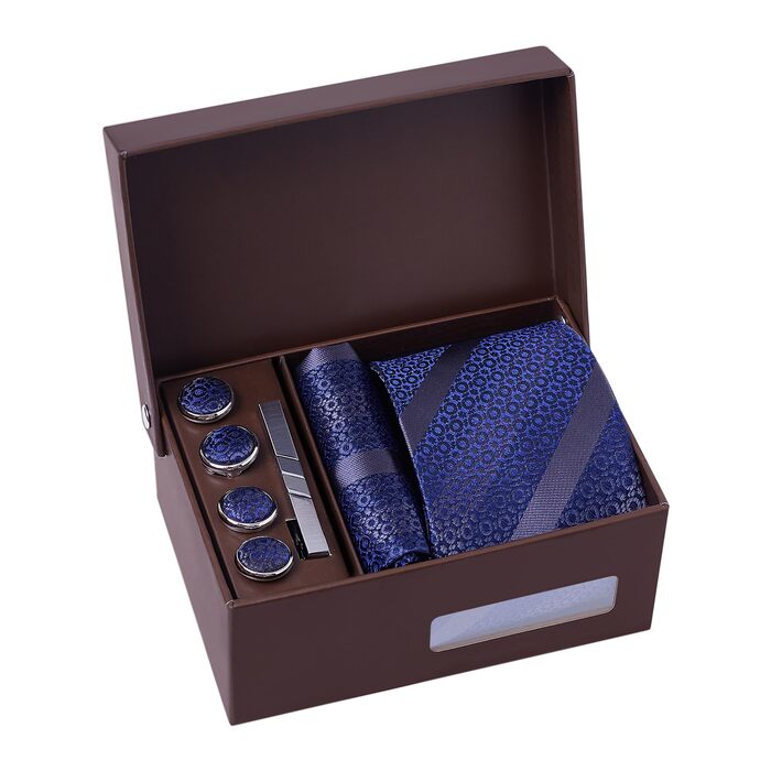 Подарунковий набір для чоловіків: краватка, хустинка, запонки, зажим для краватки та ґудзики для манжетів, блакитний в смужку, для офісу, весілля, костюма. Елегантний подарунок