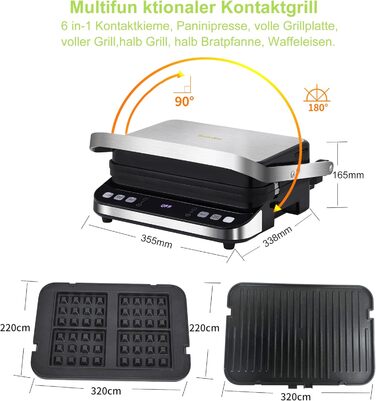 Contact Grill, Sandwich Maker, Waffle Iron 180° Double-Sided Optigrill Indoor Electric Grill | 6 automatic programs | Intuitive sensor | Touch display, 2000 W, Grill with 4 removable plates (BCG02D)