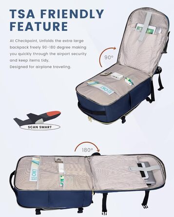 Рюкзак LOVEVOOK для ручної поклажі в літак, 40L, великий, для жінок, валіза-рюкзак, водонепроникний, для 17-дюймового ноутбука, рюкзак для подорожей, бізнесу, ділових поїздок, туризму, відпочинку на вихідних (L, темно-синій+чорний)