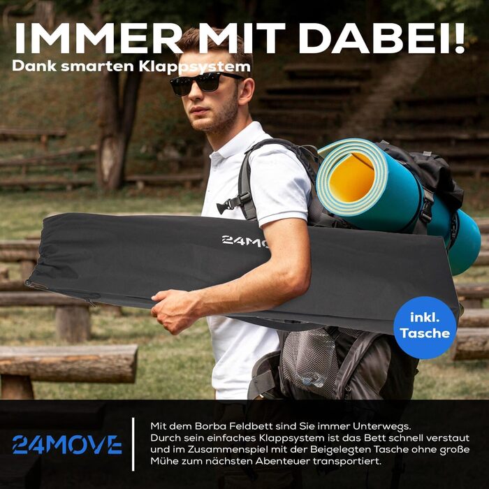 Розкладне ліжко 24MOVE® для кемпінгу та відпочинку на природі, 190 x 67 x 34 см, чорне