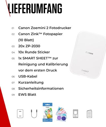 Canon Zoemini 2 perlweiß - Міні фотодрук принтер, мобільний, портативний, білий. Комплект для друку (5x7,6 см, для смартфону/планшету, вбудований акумулятор) + 20 ZINK картриджів + 10 круглих наліпок