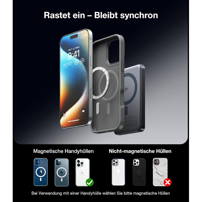 Портативний зарядний пристрій TORRAS MiniMag Qi2 з MagSafe, 10000mAh, сертифікований Qi2, магнітний, з кабелем USB-C 30W, бездротовий зарядний пристрій 15W для iPhone 17 Pro Max/Air/12-16, AirPods, сірий, титан