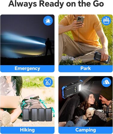 Powerbank Solar 26800mAh з USB-C, 5 виходів, водонепроникний, з карабіном та ліхтариком, для кемпінгу, телефонів та планшетів (блакитний)
