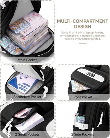 Шкільний рюкзак для підлітка: містка модель для дівчаток 3-5 класів, для середньої та старшої школи, зручний для подорожей та відпочинку (чорний)