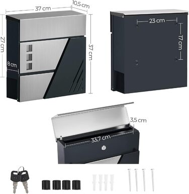 Поштовий ящик настінний SONGMICS з оглядовим вікном, замок, сріблясто-антрацитовий GMB053G01