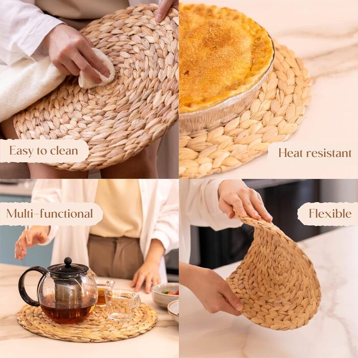 YANGQIHOME Placemats made of Water Hyacinth, Round Table Mats, Handmade Round Coasters, Plate Coasters for Dining Table and Boho Decor (Set of 6, 30 cm)