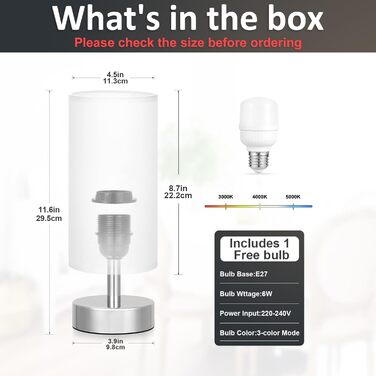 Нічна лампа Kakanuo з 3 колірними температурами, біла торшер з вимикачем, льняний абажур, маленька лампа для вітальні, спальні, офісу, дитячої кімнати (LED лампа в комплекті), біло-чорний колір (білий+срібний)