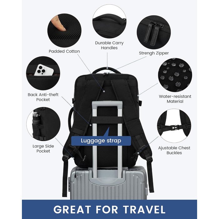 LOVEVOOK Рюкзак для ручної поклажі, 40L, валіза-рюкзак, для подорожей, з відділенням для ноутбука 17.3 дюймів, чоловічий/жіночий, темно-зелений