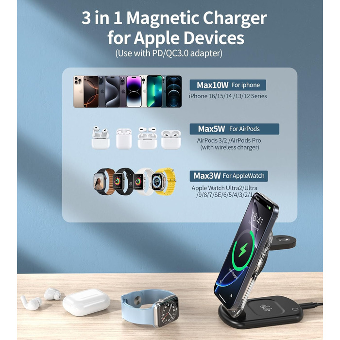 MagSafe Зарядна станція 3-в-1: Бездротовий зарядний пристрій для Apple Watch Series 9/Ultra 2/1, iPhone 16/15/14/13/12, AirPods - Чорний