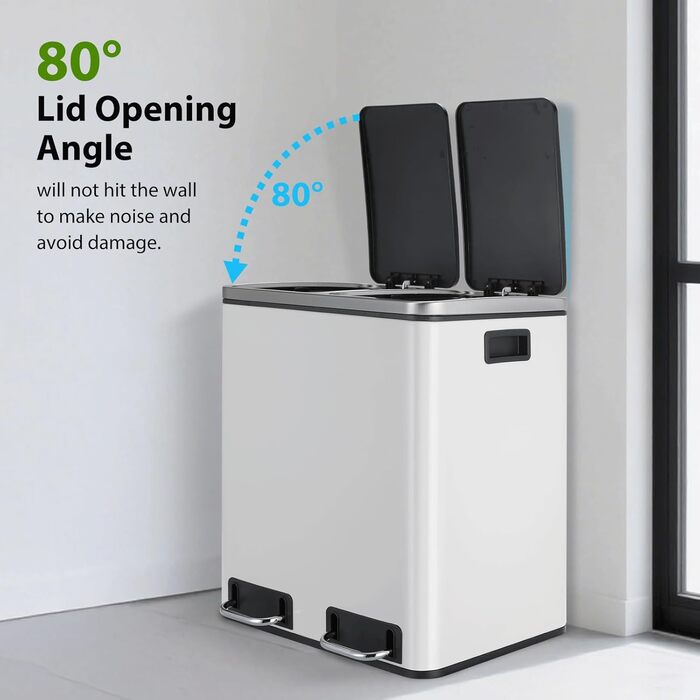 Відро для сміття LIFERUN з двома відсіками, 2 x 15 літрів, з металу, з м'яким закриттям кришки, знімний внутрішній відро, ручки, педальний відро, для квартири, невеликої сім'ї (білий)