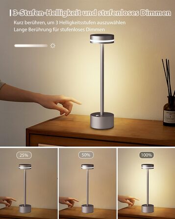 LED настільна лампа з акумулятором, бездротова, з торшером, сенсорне керування, алюмінієвий корпус, 3 режими димування, 4000mAh, 3000K, для обіднього столу, вітальні (срібна)