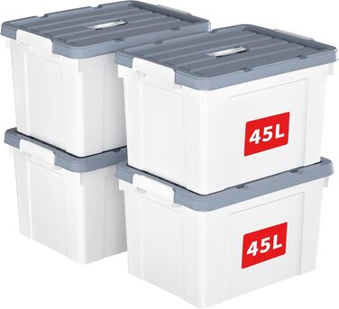 Cetomo Plastic Storage Box - Box with Durable Lid and Safety Closure, Stackable and Nestable, 3-Pack White (45L x 4)