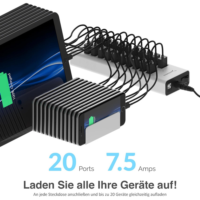 Зарядний пристрій Sabrent USB 60W 10 портів, станція швидкої зарядки для MacBook, USB-C ноутбуків, iPhone, Samsung Galaxy (AX-TPCS)