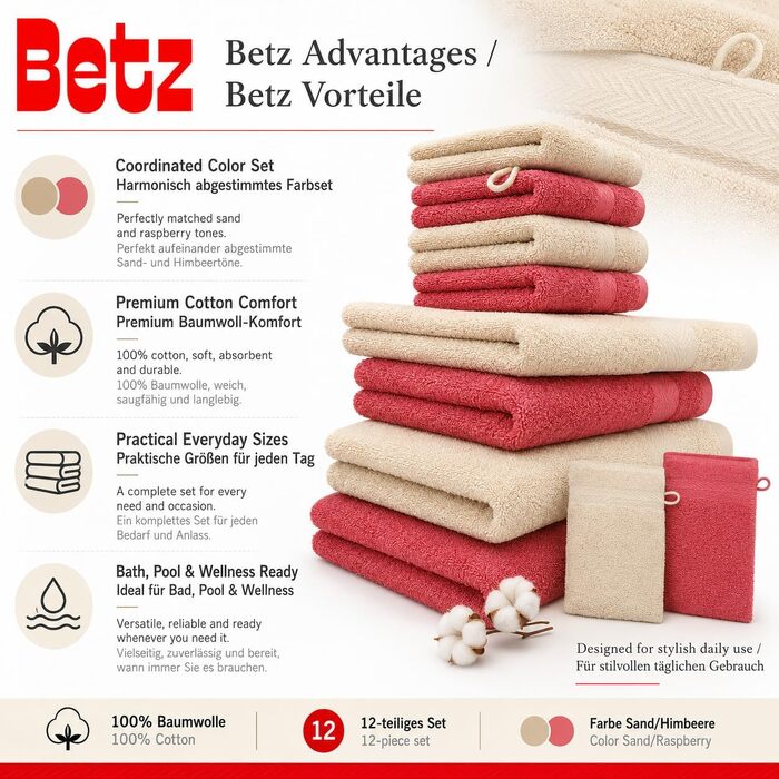 Набір рушників Betz Premium 12 предметів, 100% бавовна, сертифікація Oeko-TEX, висока щільність, колір Пісочний/Малина