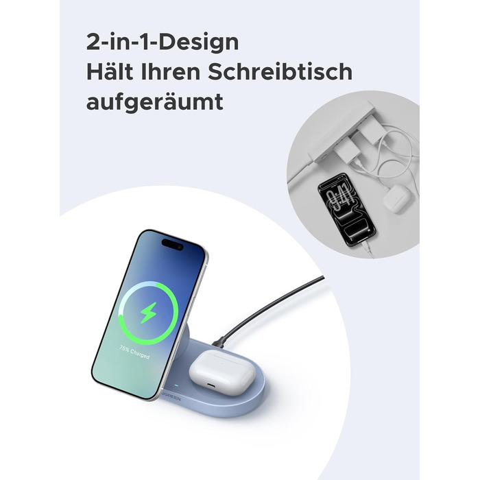 Бездротовий зарядний пристрій UGREEN 2-в-1 15W MagSafe для iPhone 15/14/13/12/17/16 та AirPods, кабель 1м - Синій