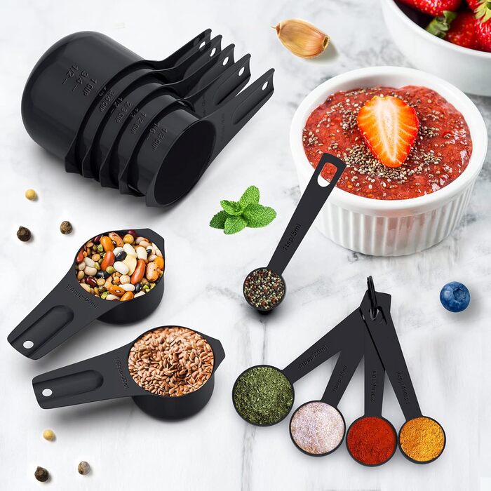 Wildone Measuring Cups and Spoons Set, Stainless Steel, Nesting, Metal Measuring Cups and Spoons for Cooking and Baking, 21-Piece, Black