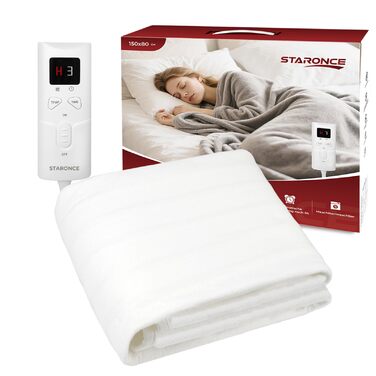 Електрична ковдра StarOnce 160x140 см для двоспального ліжка з 10 рівнями нагріву, автовимкненням, 2 пультами та захистом від перегріву. Можна прати в машині. Біла (150x80 см)