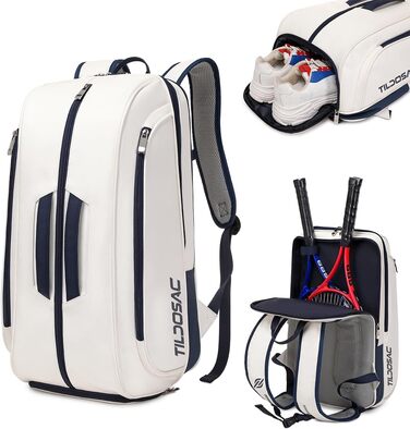 Tennis Padel Pickleball Bag - Large Sports Bag with Shoe Compartment, Laptop Sleeve & Ball Sleeve - White/Blue