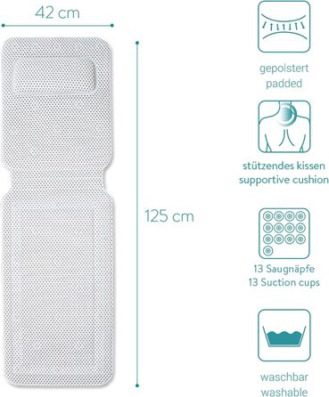 Navaris Full-Body Bath Mat with Pillow - 125x42cm Bath Mat for Bathtub, Bathtub Pillow, Soft Bath Insert - Mesh Mat in White