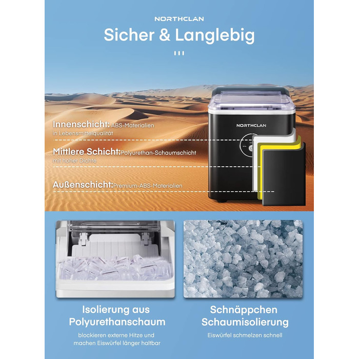 NORTHCLAN Ice Maker - 14kg Daily Production, 6-Minute Cycle, Quiet Operation, 2L Water Tank, 1.5kg Storage, Infrared Sensor, Black