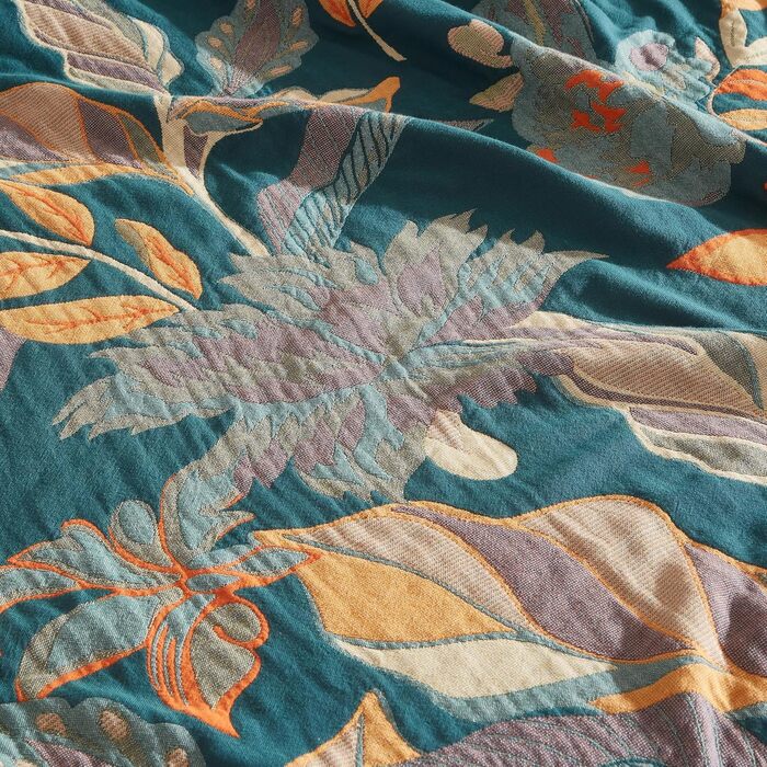 Богемна ковдра Softexly Boho Decke 100% бавовна – двостороння муслінова ковдра 150x200 см, м'яка софа та покривало для ліжка, естетичний дизайн, ідеально підходить для вітальні та спальні, помаранчевий/зелений, Blütentraum