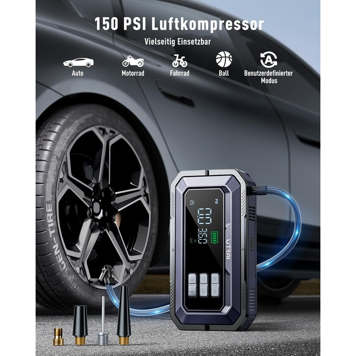 Powerbank для авто UTRAI 7000A з компресором та OBD-сканером: пускозарядний пристрій, LED-ліхтар 2000 люмен, 160W DC вихід (бензин/12L дизель)