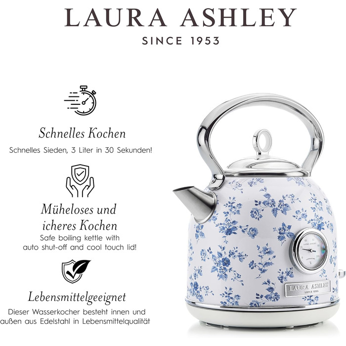 Laura Ashley Elveden Wireless Electric Kettle - 1.7L Stainless Steel, 2.2kW Fast Boil, Temperature Display & Overheat Protection