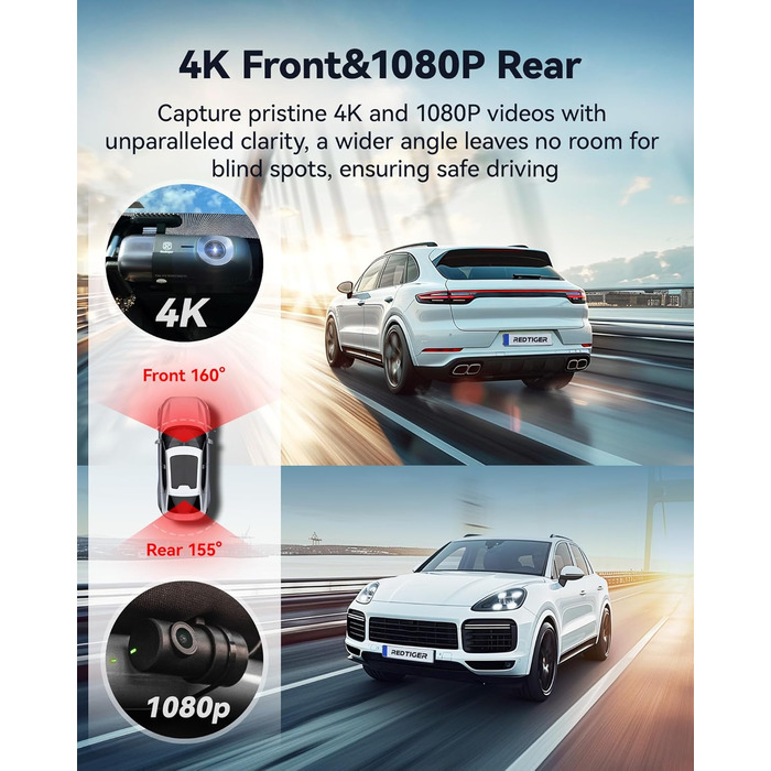 Відеореєстратор REDTIGER F9: 4K/1080P, WiFi, GPS, 32GB карта, запис по колу, нічне бачення, паркувальний режим, керування через додаток, підтримка до 256GB