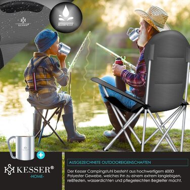 Крісло кемпінгове KESSER® складне до 150 кг, з підлокітниками, високою спинкою, сіре (антрацит/чорне) + тримач для напоїв