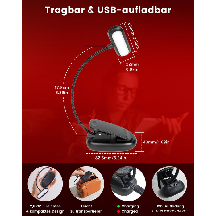 Ліхтарик для читання з червоним світлом 670 нм, кліпса на книгу, з функцією пам'яті, димування та USB-зарядкою. Без синього світла, портативний, для ліжка та захисту очей.