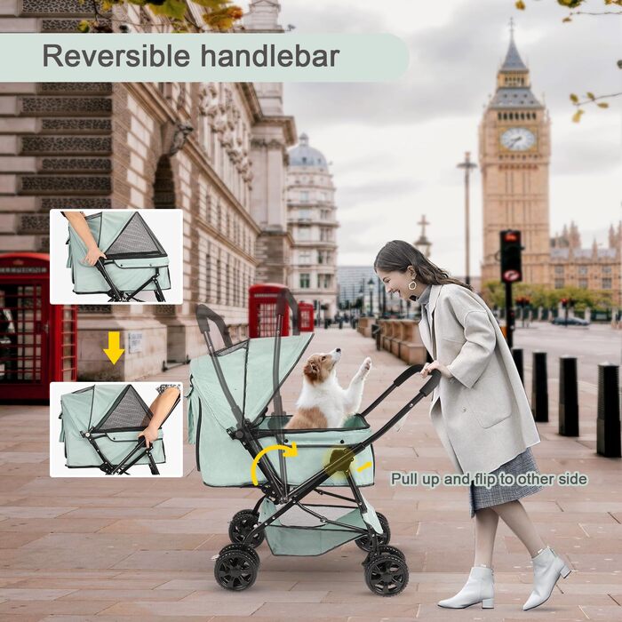 Візок для собак Wedyvko до 20 кг, 4 колеса, складаний, для маленьких та середніх собак та котів, з кошиком для зберігання та тримачем для напоїв (зелений)