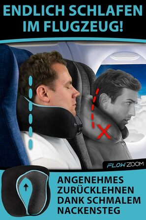 Подушка для шиї FLOWZOOM Comfy - для подорожей літаком та автомобілем. Регульована подушка з піною з пам'яті з підтримкою 360°, м'яка дихаюча обкладинка, транспортна сумка. Колір: сірий (Comfy - чорний)