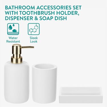 Набір для ванної кімнати Navaris 3 шт. - Дозатор мила, стакан для зубної пасти та мильниця. Декоративні аксесуари для ванної кімнати з штучного полімеру, матове покриття (білий)