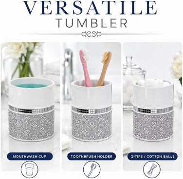 Набір аксесуарів для ванної кімнати Creative Scents Mirror Damask, 6 предметів (сірий та білий): дозатор мила, мильниця, стакан, тримач для зубних щіток, коробка для серветок, кошик для сміття