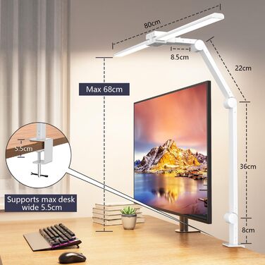 KableRika LED Desk Lamp - Dimmable 24W 80cm Dual-Head Desk Lamp with Clamp, 1200lm Eye Protection, Adjustable Gooseneck, Monitor Light, Daylight Lamp, Auto-Dimming (White)