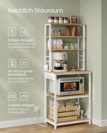 Стелаж кухонний VASAGLE з розетками, 6 полиць, гачки, сталевий каркас, 40x60x167 см, золотий дуб + білий, KKS124Y01 60B