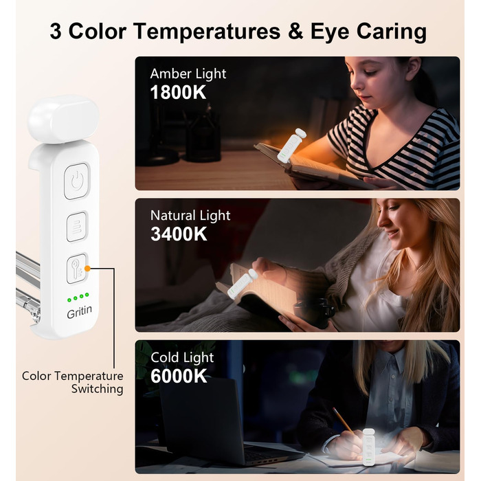 LED-лампа для читання Gritin з кліпсою, перезаряджувана, 7 LED, 3 колірні температури, регулювання яскравості, 5 режимів, довга робота, білий колір