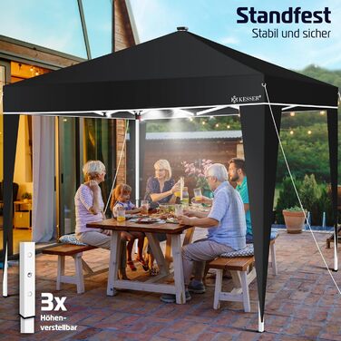 KESSER® Pavilion Folding Pavilion 3x3m with LED Lighting | Pop-Up Garden Pavilion Height Adjustable, Stable, Waterproof, Winter-Proof | Party Tent, Event Tent, UV Protection 50+ including Remote Control & Bag Black