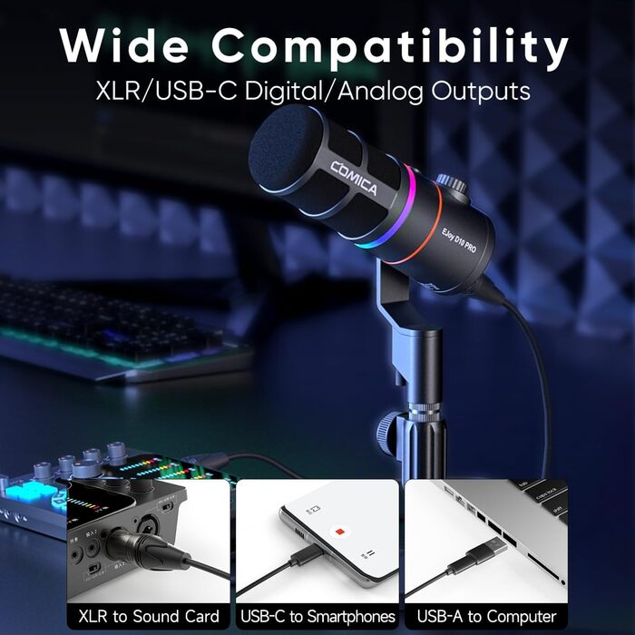 Мікрофон Comica EJoy D10 Pro: Динамічний USB/XLR з RGB-підсвічуванням та регулюванням гучності