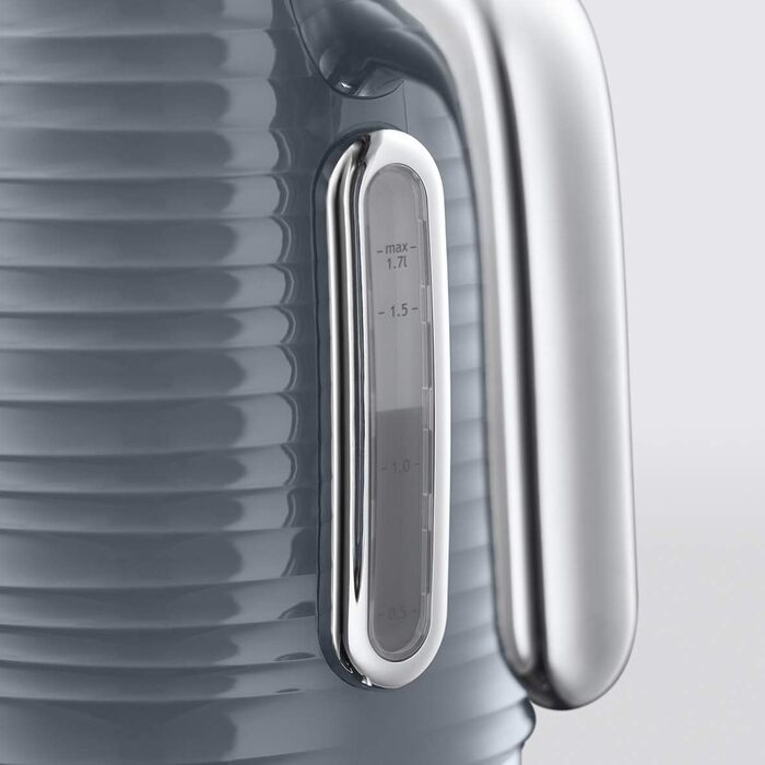 Електричний чайник Russell Hobbs Inspire 1.7л, 2400W, сірий, з високоякісною глянцевою поверхнею, з функцією швидкого кип'ятіння, знімний фільтр від накипу, індикатор рівня води, знімний кришка