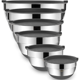 Mixing bowls with airtight lids, set of 6, stainless steel, stackable metal storage bowls, non-slip bottom, sizes 7, 3.5, and 1 QT, ideal for mixing and serving (gray)
