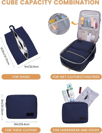 Рюкзак LOVEVOOK для ручної поклажі літака, туристичний рюкзак для жінок та чоловіків, 40L, водонепроникний, відділення для ноутбука 17 дюймів, для подорожей, школи, роботи, кемпінгу (17.3 дюйми, темно-синій + бежевий + чорна шкіра)