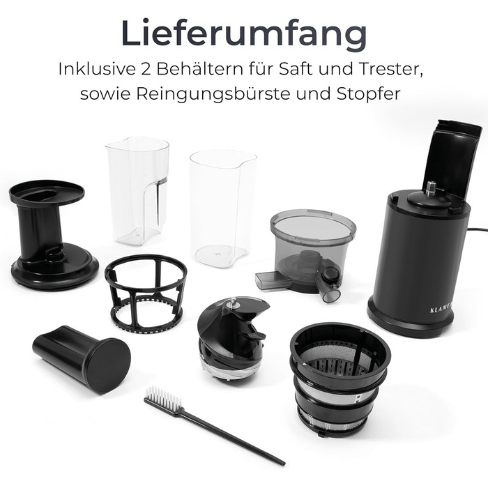 KLAMER Slow Juicer Vegetables and Fruit, Juicer with Reverse Function, Electric Fruit Press with Brush and 2 Containers, Sleek Design, Black