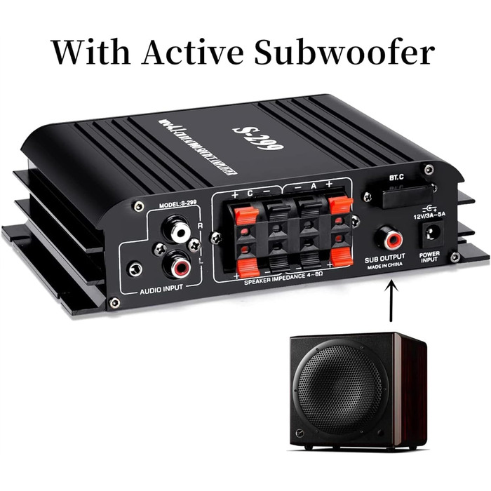 4.1-канальний підсилювач 1600W, Bluetooth 5.0, HiFi міні підсилювач для домашніх колонок 40Вт x4 + активний сабвуфер, USB/TF, MP3, пульт, 110-240V/12V, S299